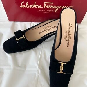 Salvatore Ferragamo Black Suede Vara Bow Mule Pump with Gold Hardware —Fits 7.5